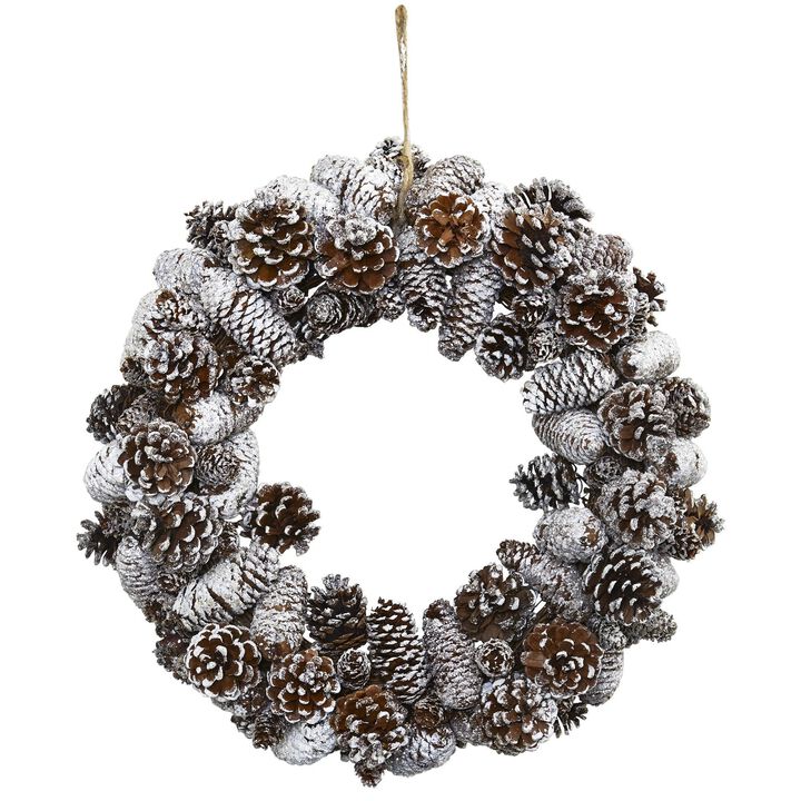 Nearly Natural 17-in  Snowy Pine Cone Wreath