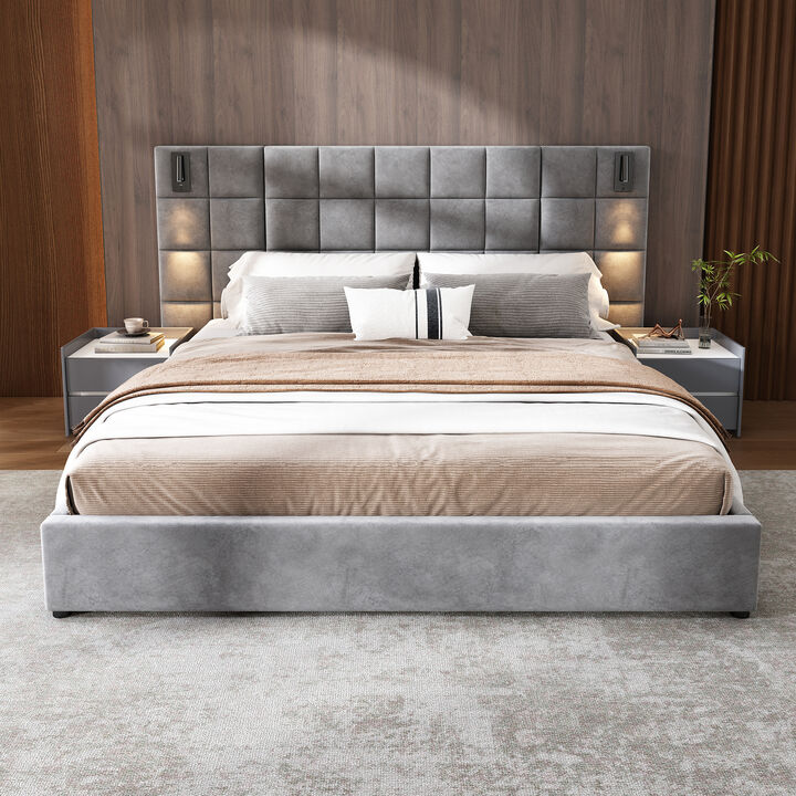 Christopher Knight Home Vanessa Modern Upholstered Velvet Bed with Reading Lamp and USB Ports