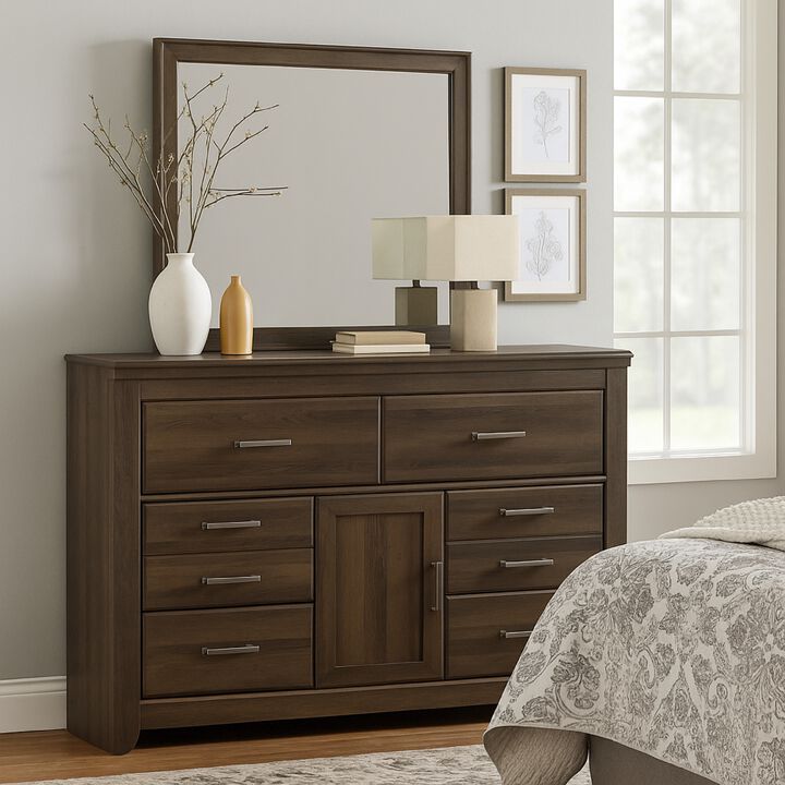 Rye 61 Inch Dresser, 6 Drawers 1 Cabinet, Classic Laminate Dark Brown