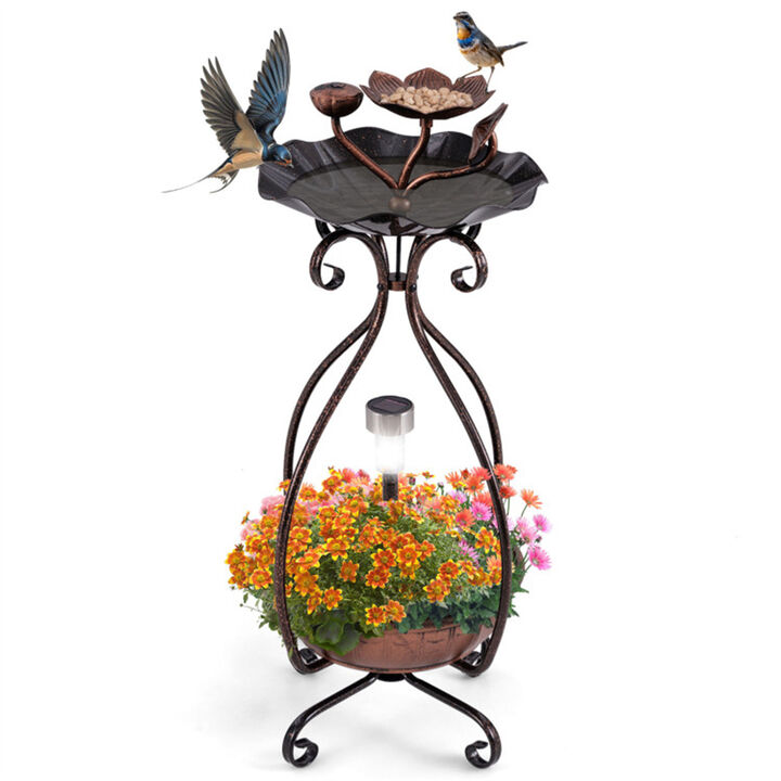 Copper Solar Bird Bath & Feeder with Planter Pedestal and LED Light