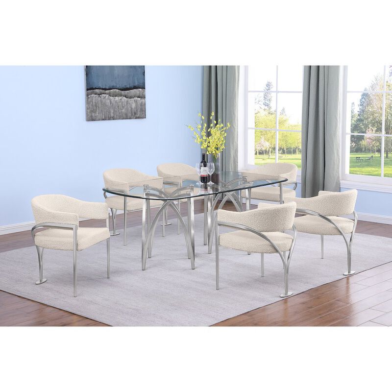 Best Quality Furniture 7Pc Tempered Glass Dining Table Set With 6 Cream With Matte Silver Side Chairs