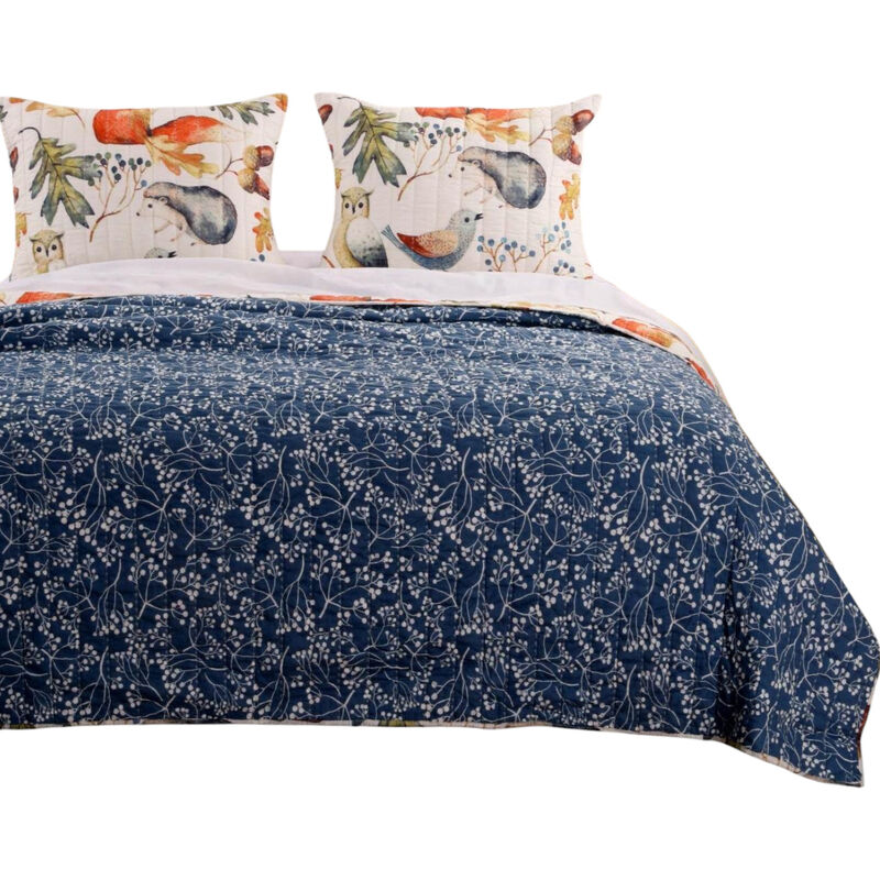 3-Piece Reversible Microfiber Quilt Set with Nature-Inspired Birds, Animals, and Floral Motif