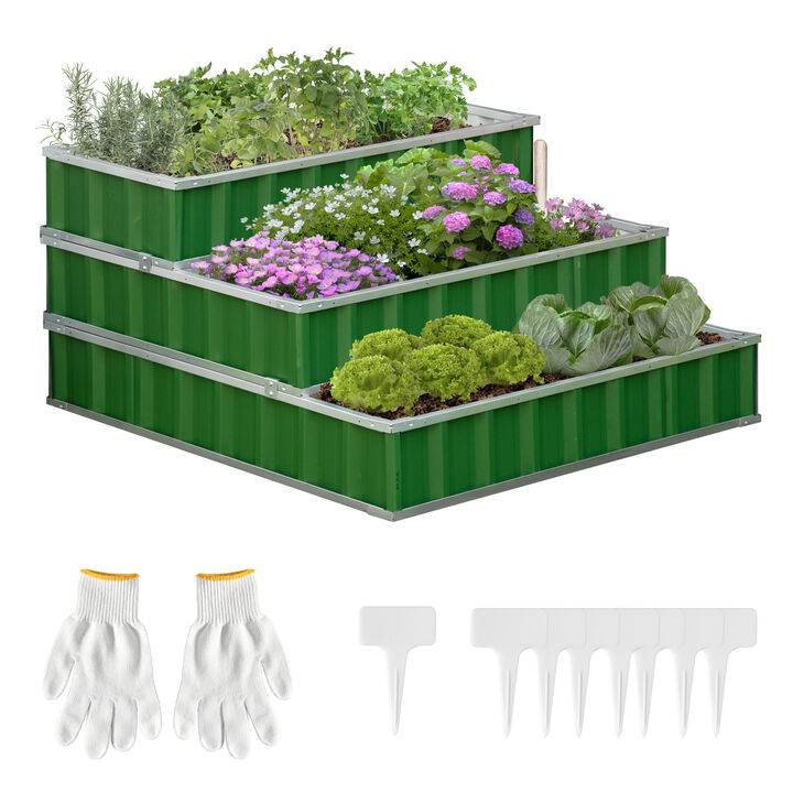 Outsunny 3 Tier Raised Garden Bed Color Steel Raised Garden Bed w/ Pair of Glove 47''x 47''x 25'' for Backyard, Patio to Grow Vegetables, Herbs, and Flowers, Green