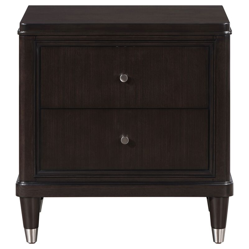 Amber Nightstand, 2 Drawers, Round Metal Knobs, Tapered Legs, Brown Wood - Benzara