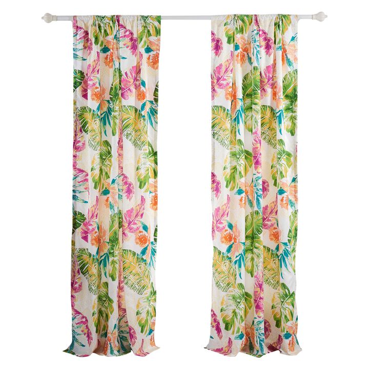 Porto 84 Inch Panel Window Curtains, Tropical Palm Leaves, Green and Blue - Benzara