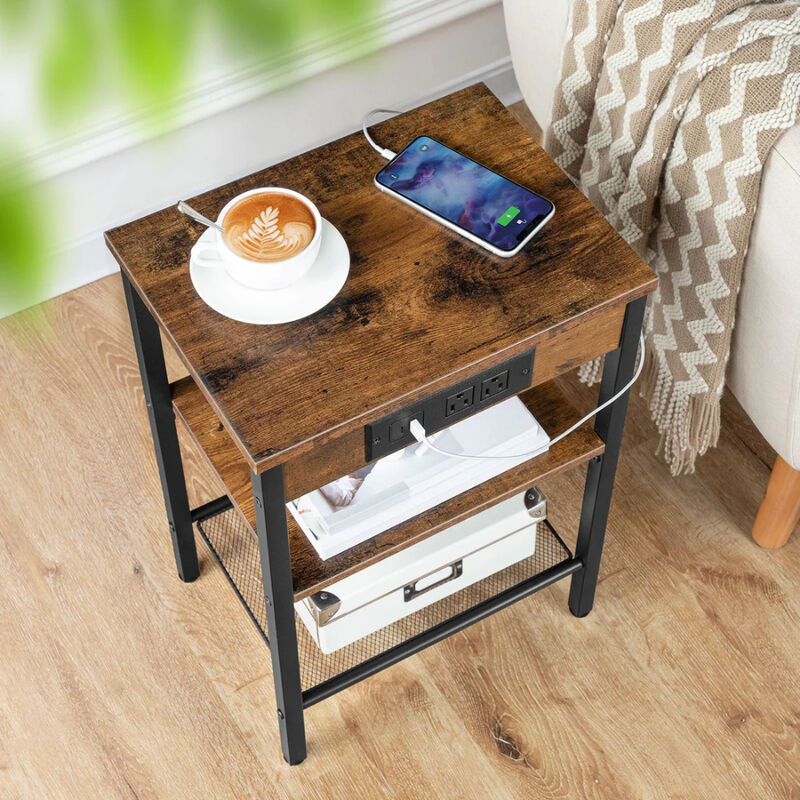 Modern 3 Tier Side Table with Charging Station, USB Port and Storage Shelves image number 5