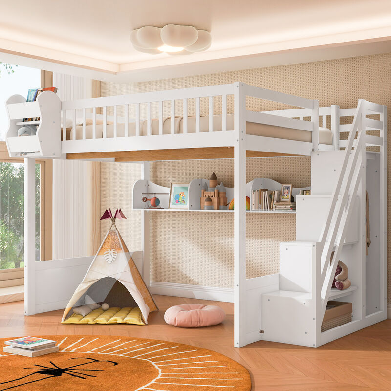 Merax Natural Wood Loft Bed with Storage Stair Wardrobe image number 2