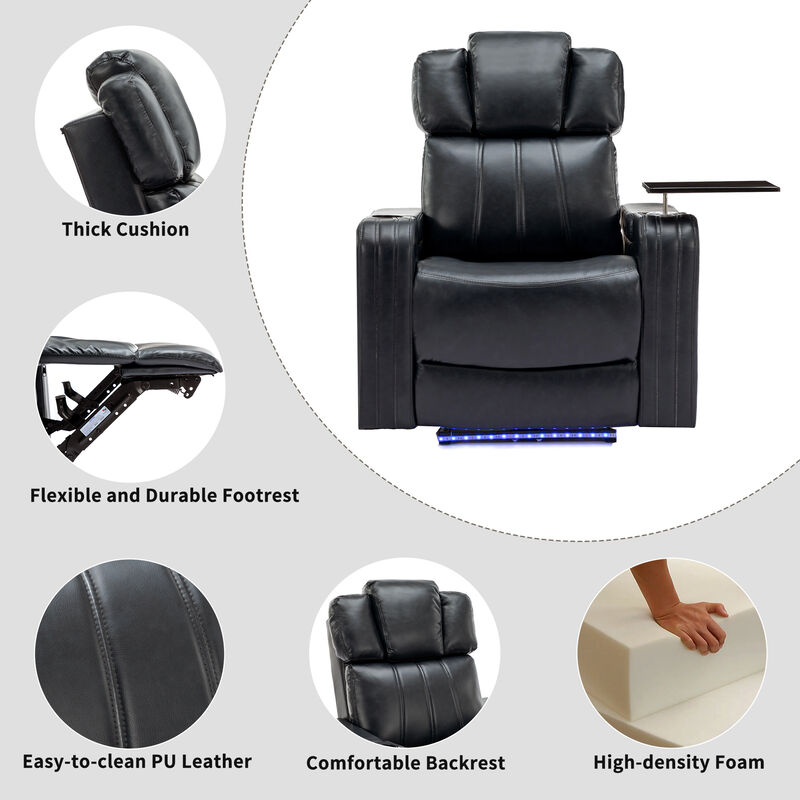 Whisen PU Leather Power Recliner with Cup Holder, Bluetooth Speaker, LED Lights, USB Ports, Tray Table and Arm Storage