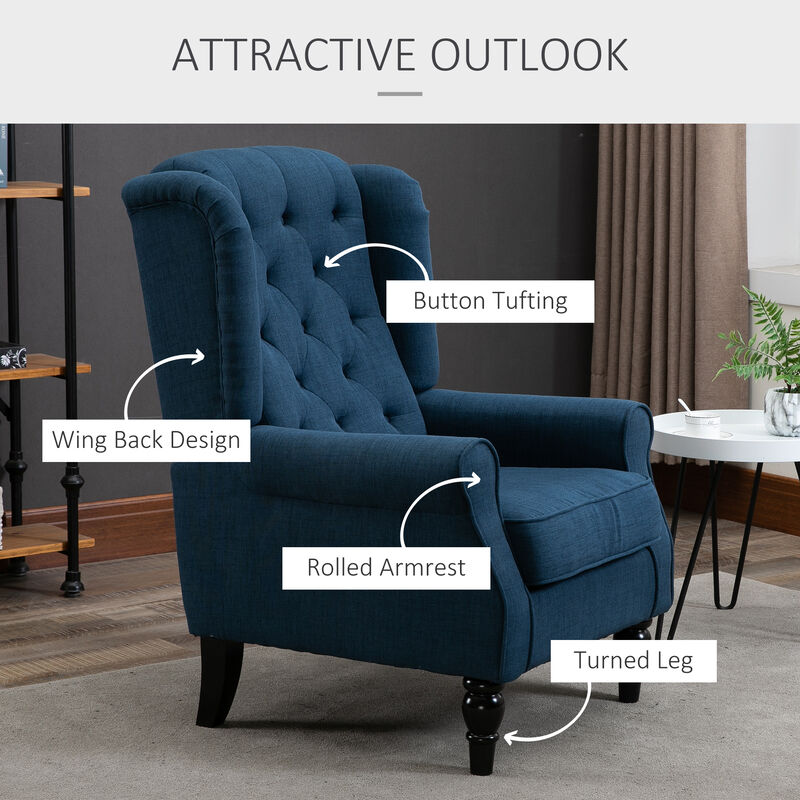 HOMCOM Button-Tufted Accent Chair with High Wingback, Rounded Cushioned Armrests and Thick Padded Seat, Blue