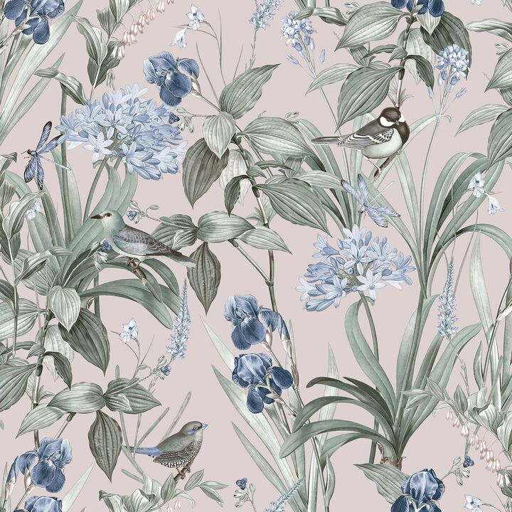 Mint Birds and Dragonflies Botanical Wallpaper
