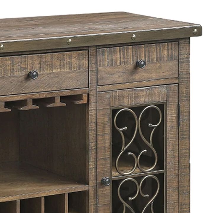 Ral 56 Inch Wood Sideboard Wine Bar Cabinet, Metal Scroll, Rustic Brown