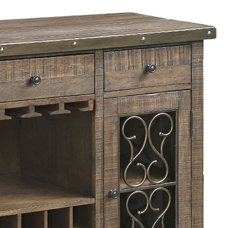 Ral 56 Inch Wood Sideboard Wine Bar Cabinet, Metal Scroll, Rustic Brown