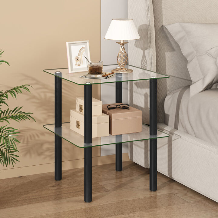 Modern 2-Tier Square End Table with Storage Shelf and Clear Tempered Glass Top