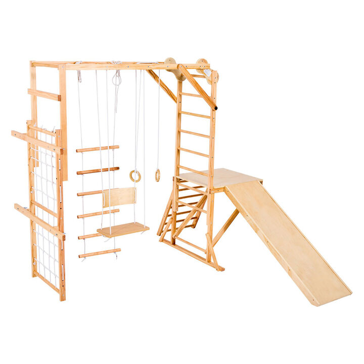 8 in 1 Wooden Indoor Playground Kids Climbing Gym with Slide Swing