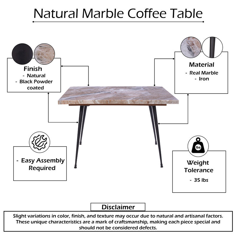 Taro Coffee Table | 24 Inch Square Taupe Brown Real Marble Top | Black Metal Legs