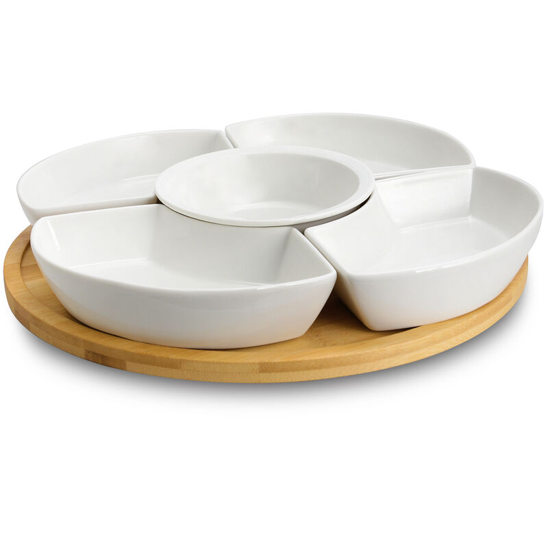 Elama Signature 12 1/4 Inch 6-Piece Lazy Susan Appetizer and Condiment Server Set with 5 Serving Dishes and a Bamboo Lazy Suzan Serving Tray