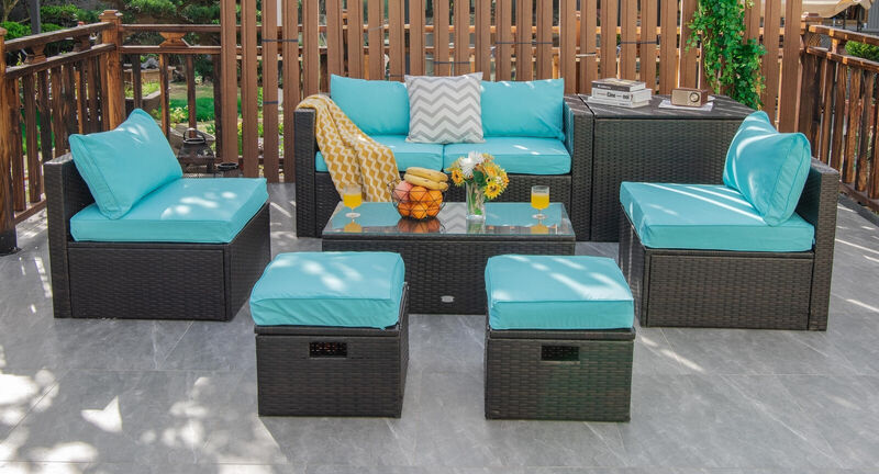 8-Piece Patio Rattan Furniture Set with Storage Box and Waterproof Cover, Outdoor Set