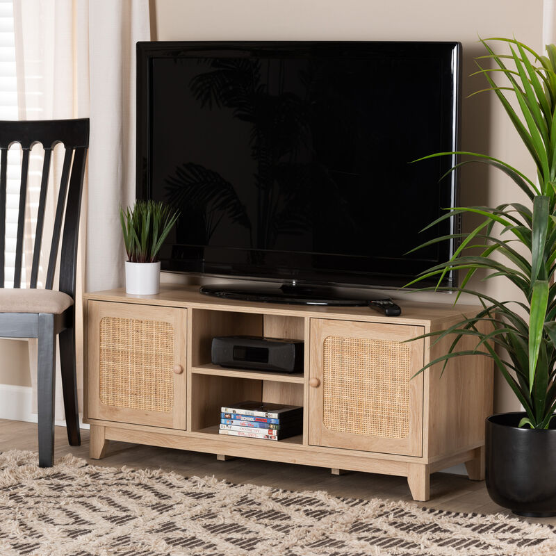 Baxton Studio Elsbeth  Light Brown Finished Wood and Natural Rattan 2 Door TV Stand image number 1