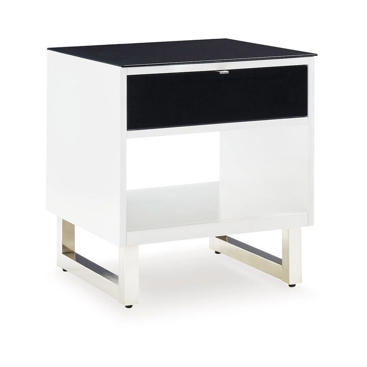 Tonny Side End Table, Drawer and Shelf, Black Glass, White, 22 Inch