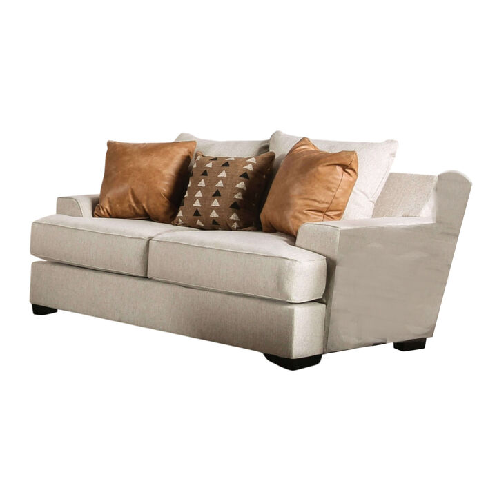 Adow Loveseat, 3 Accent PIllows, 75 Inch , Sand Caramel - Benzara