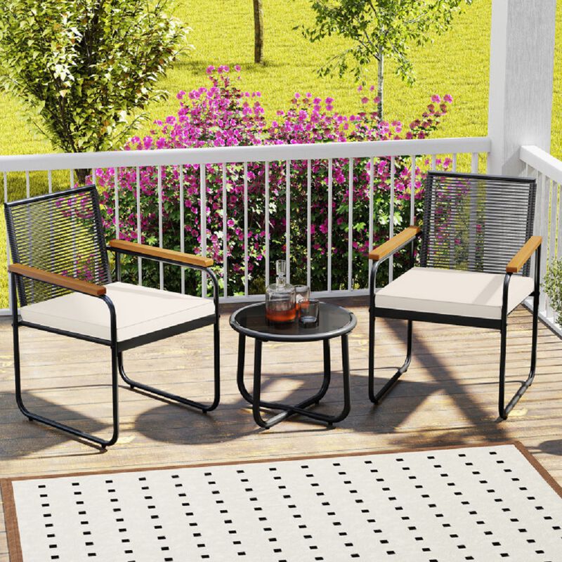 PE Rattan Patio Set, 3 Pieces with Chairs and Round Glass Table-White image number 4