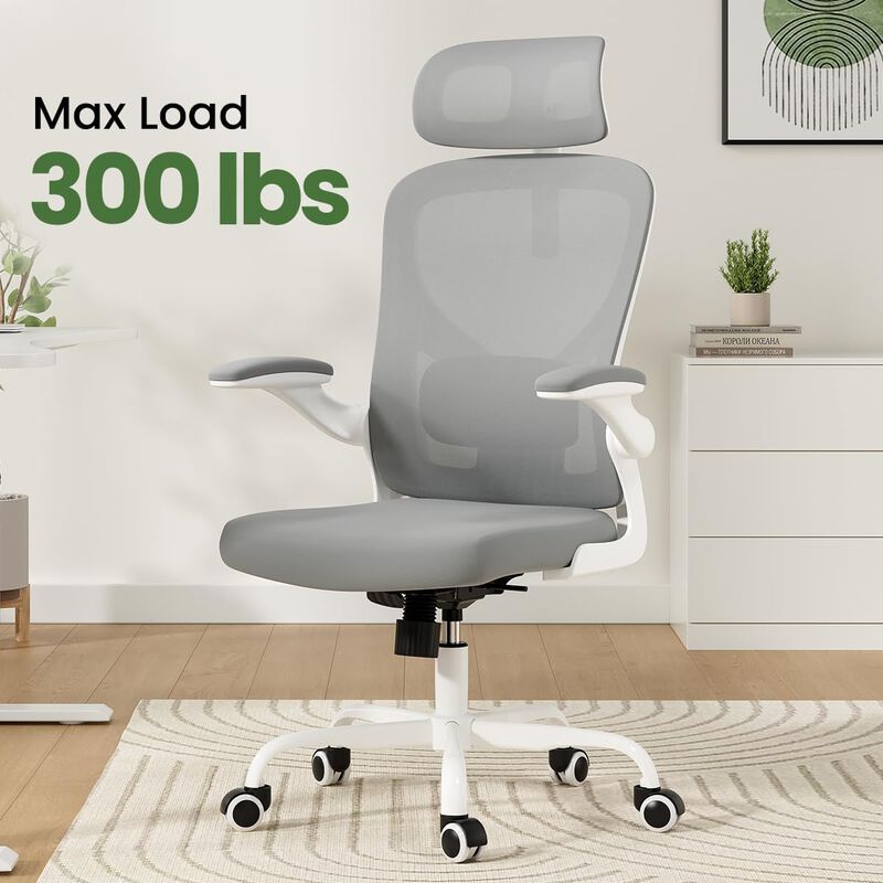 Petrimins Mesh Office Chair with 3-Way Adjustable Headrest & Lumbar Support, Swivel Desk Chair with Flip-up Arms for Home Office image number 5
