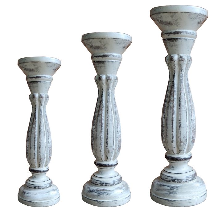 Handmade Wooden Candle Holder with Pillar Base Support, Distressed White, Set of 3-Benzara