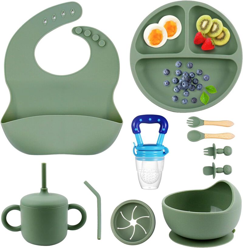 Baby Feeding Set: Suction Bowl, Plates, Bib, and Spoons for Weaning