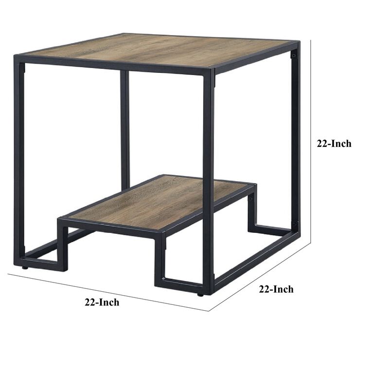 Lea 22 Inch Wood End Table, Grain Details, Metal Frame, Rustic Oak-Benzara
