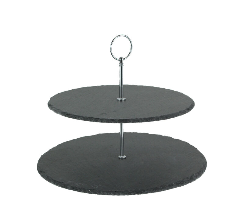 Two Tier Round Slate Stone and Chromed Metal Country Farmhouse Serving Tray image number 0
