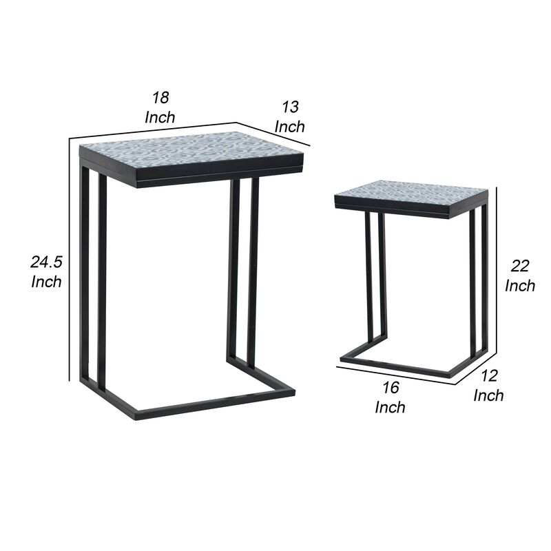 22, 24 Inch Nesting End Tables, Set of 2, Blue And White Pattern Top-Benzara