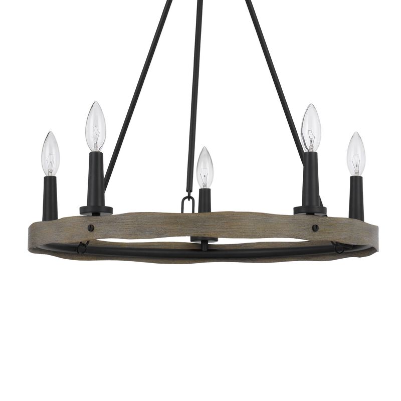 Stomy 23 Inch Chandelier, Brown Wood Wheel Design, Black Metal Chain - Benzara