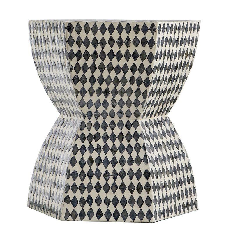 17 Inch Modern Hexagonal Table Stool, Capiz Inlaid Platform, White, Black