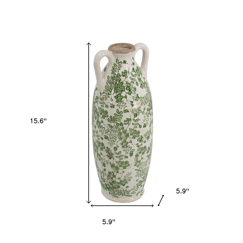 HomeRoots 16" Green And White Leaf Ceramic Amphora Table Vase image number 5