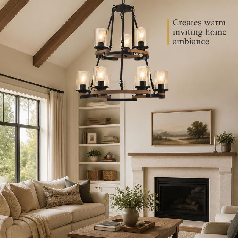 ELEMENT ACE 9-Light Vintage Wagon Wheel Chandelier, Rustic Farmhouse Black Wood Ceiling Light, Adjustable Height for Dining Room Living Room Entryway Kitchen image number 4