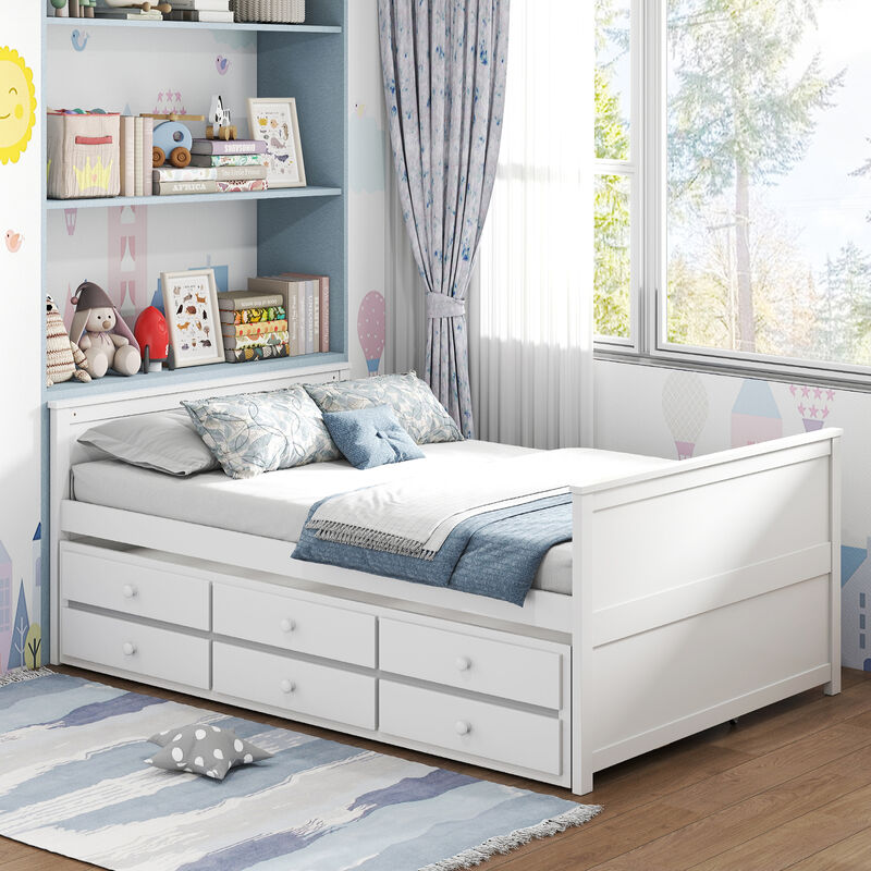 White Full Bed with Twin Trundle and 3 Built-In Storage Drawers image number 3