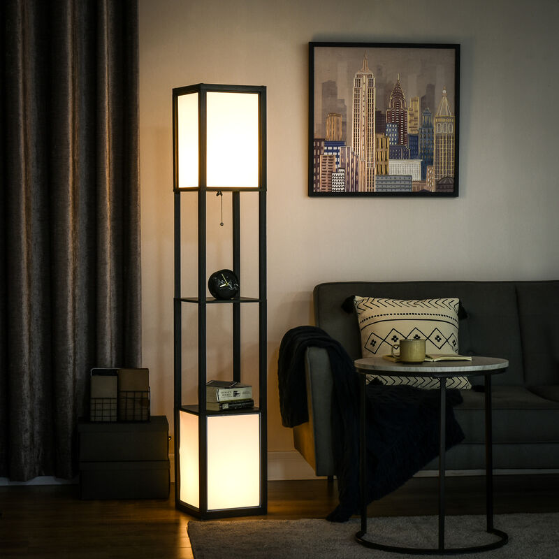 HOMCOM Modern Floor Lamp w/ 2 Light, Standing Lamp for Living Room, Black