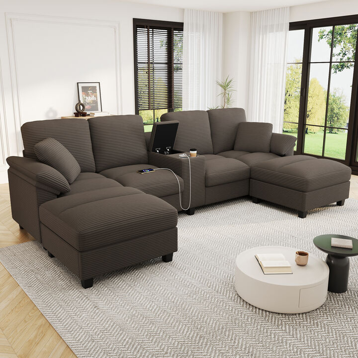 Merax Spacious U-Shaped Corduroy Sectional with Storage & Console
