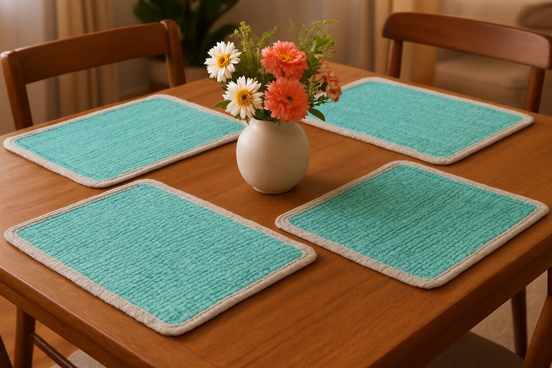 HomeRoots 19" Set of Four Turquoise and Natural Solid With Border Cotton Placemats