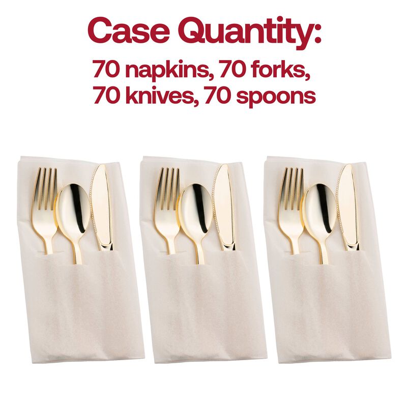 Gold Plastic Cutlery in White Pocket Napkin Set (70 Sets) image number 3