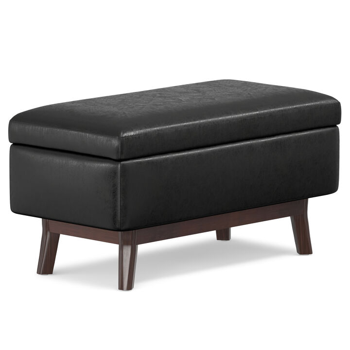 Owen 36 inch Wide Mid Century Modern Rectangle Small Rectangular Storage Ottoman in Distressed Black Vegan Faux Leather, Assembled