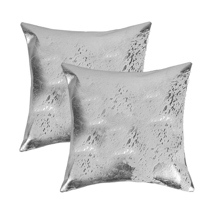 HomeRoots Set of Two 18" Gray and Silver Abstract Cowhide Throw Pillows with Glitter