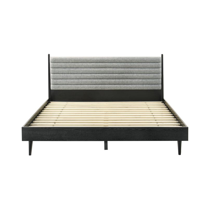 Benjara Mian King Platform Bed Frame, Channel Tufted, Black, Gray Upholstery
