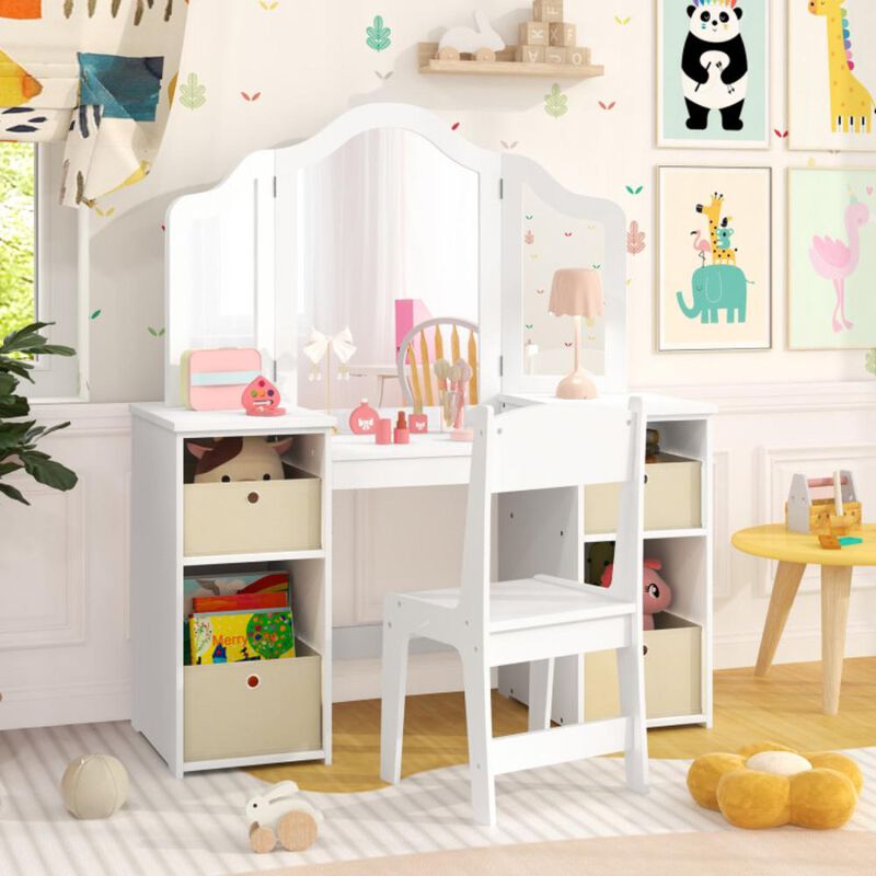 Hivvago Kids Vanity Table and Chair Set with Removable Mirrors and 4 Storage Bins
