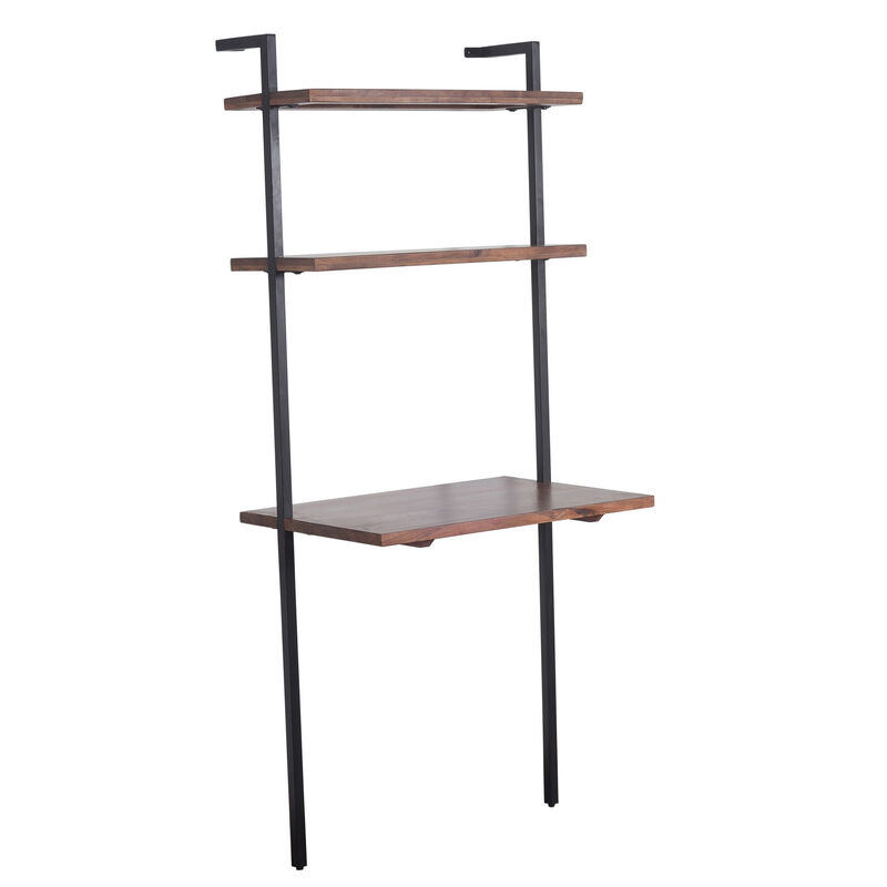 Industrial 3 Tier Mango Wood Ladder Storage Wall Shelf with Tubular Frame, Brown and Black - Benzara