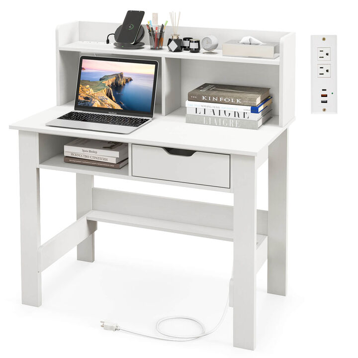 Costway Computer Desk with Power Outlets and USB Ports & Type-C Hutch Open Shelf Drawer