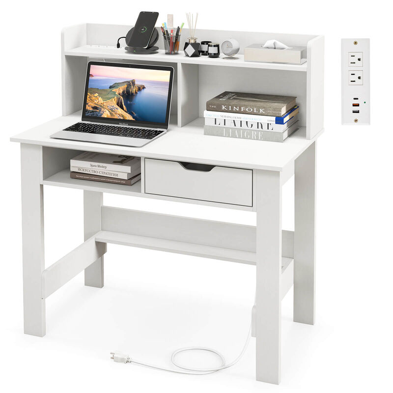 Costway Computer Desk with Power Outlets and USB Ports & Type-C Hutch Open Shelf Drawer