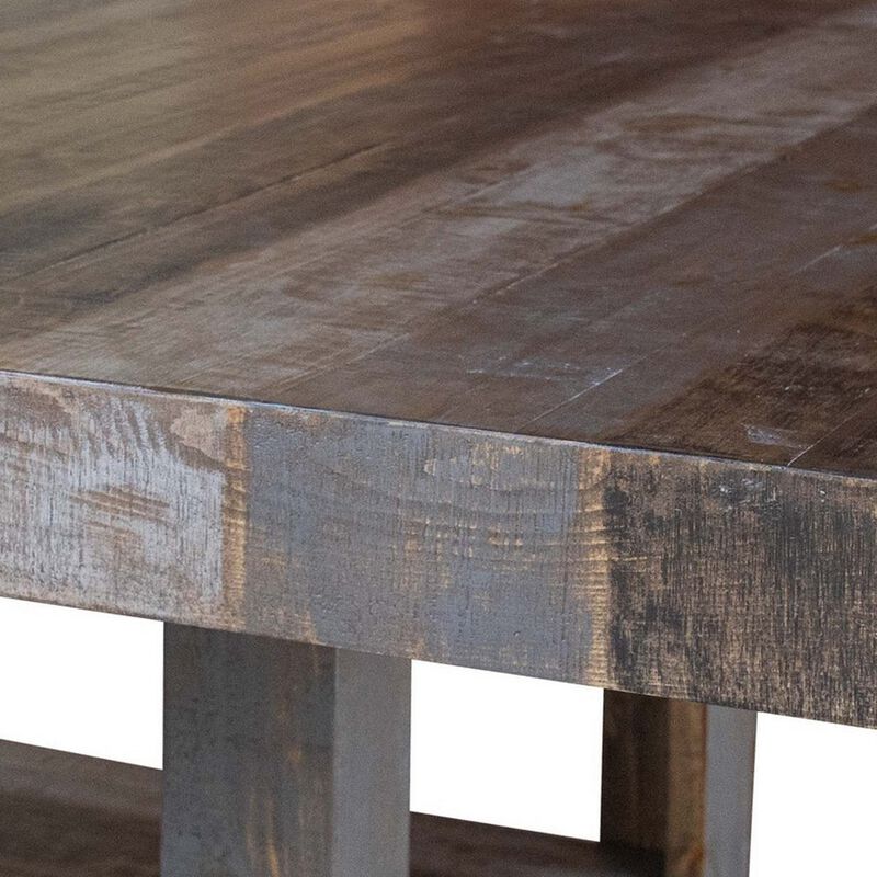 Linn 54 Inch Square Dining Table, Open Shelf, Gray, Rustic Brown Pine Wood