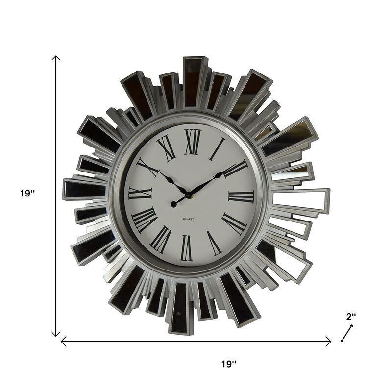 HomeRoots 19" Silver And Clear Mirrored Glass And Heavy Duty Plastic Silent Analog Sunburst Wall Clock image number 5