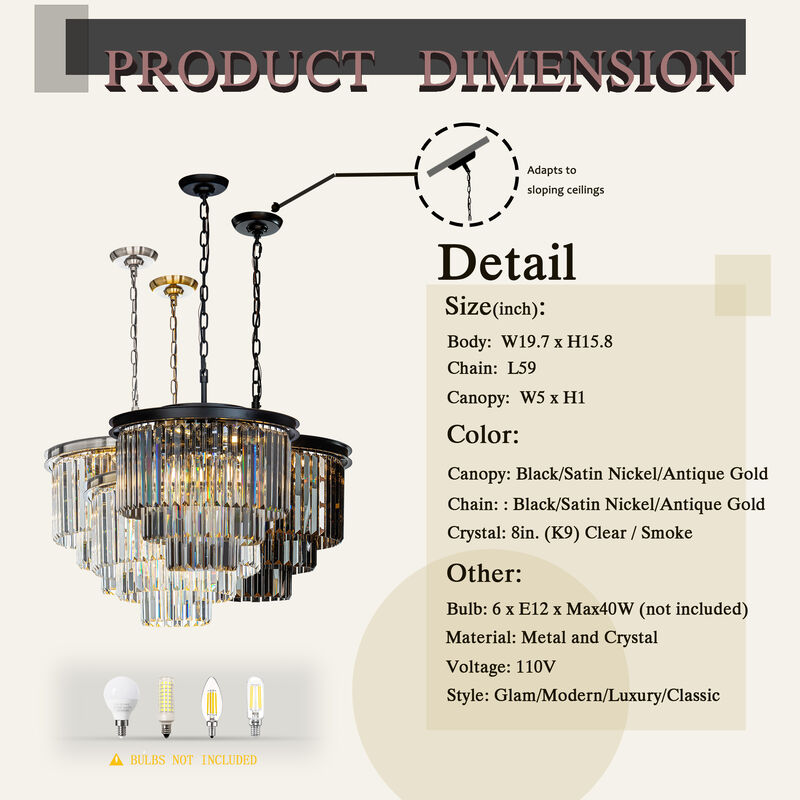 6-Lights Modern Black 3-Tier Round Crystal Fringe Chandelier image number 5